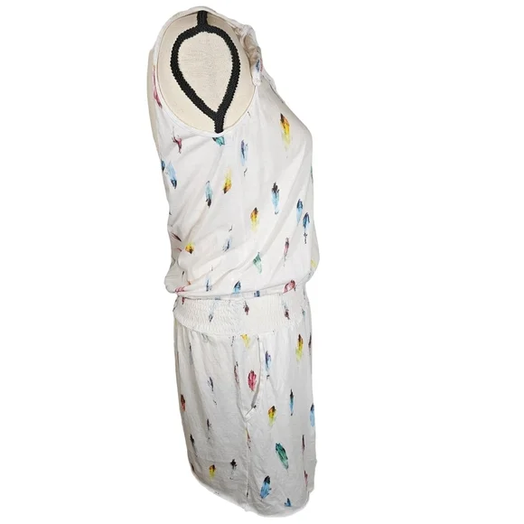 Swildens Beach Cover Up Dress, White W/ Colorful Feathers, Small - Picture 3 of 9